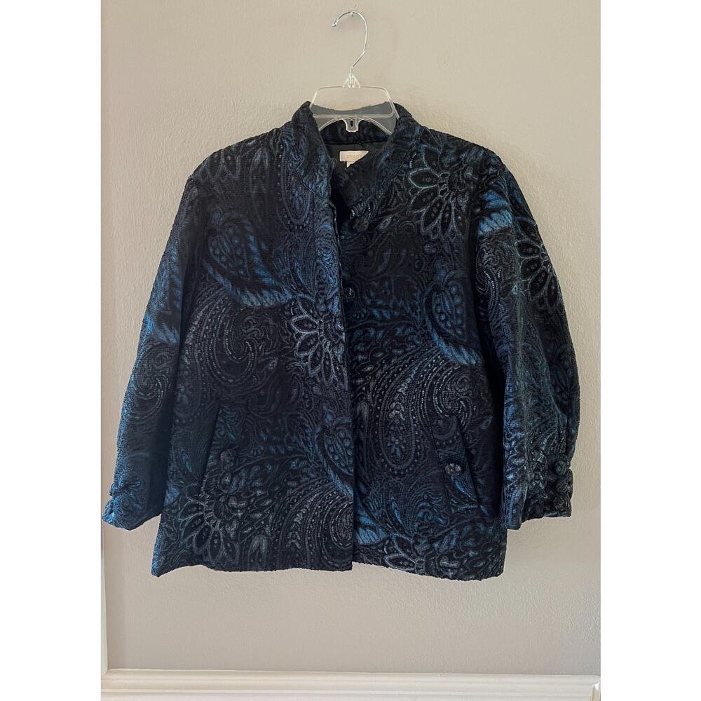 Chico's Women's Blue Black Floral Paisley Tapestry Button Up Jacket Size 2